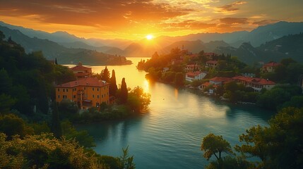 Fototapeta premium view river houses trees foreground glimmering orange dawn lakeside mountains italian masterpieces palace floating heaven panoramic stunningly