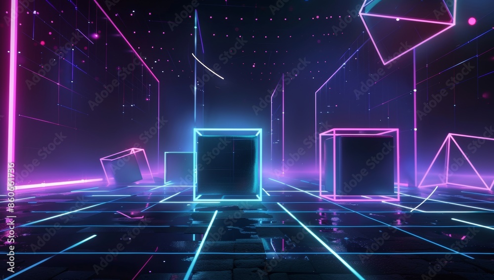 Poster a dark background with neon grid lines and floating geometric shapes, creating an immersive virtual 