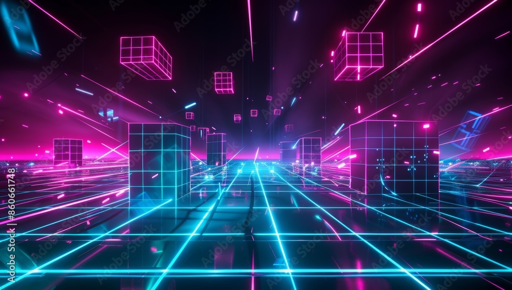Poster a dark background with neon grid lines and floating geometric shapes, creating an immersive virtual 