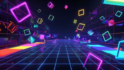 A dark background with neon grid lines and floating geometric shapes, creating an immersive virtual space for a VR video game interface.
