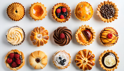 Fototapeta premium Assorted cakes and pies puffs, baked gluten-free on a white background, top view. homemade food