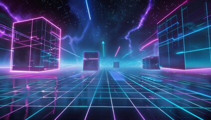 A dark background with neon grid lines and floating geometric shapes, creating an immersive virtual space for a VR video game interface.