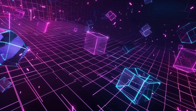 A dark background with neon grid lines and floating geometric shapes, creating an immersive virtual space for a VR video game interface.