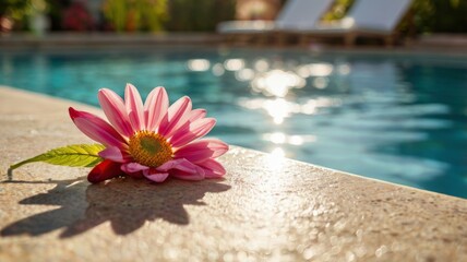 a pink flower is laying on a ledge by a pool.
