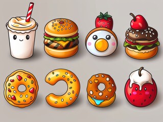 Colorful and fun food icons including drinks donuts and burgers