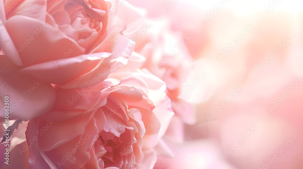 Poster Delicate pink roses in soft color and blur style Selective focus To use as background for creative design for birthday Valentines Day wedding celebration : Generative AI