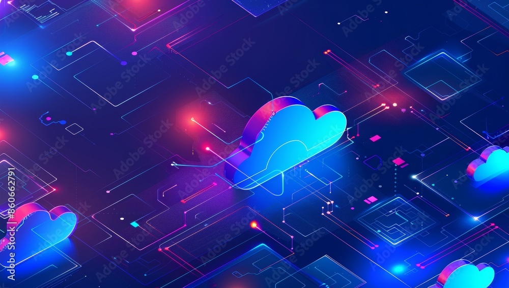 Poster working data cloud animation servers and supercomputers with cloud storage. internet artificial inte