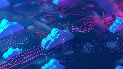 Working Data cloud animation Servers and Supercomputers with Cloud Storage. Internet Artificial intelligence. Technology web background.