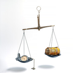 Time and money placed on vintage scales on white background