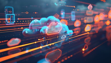 Working Data cloud animation Servers and Supercomputers with Cloud Storage. Internet Artificial intelligence. Technology web background.