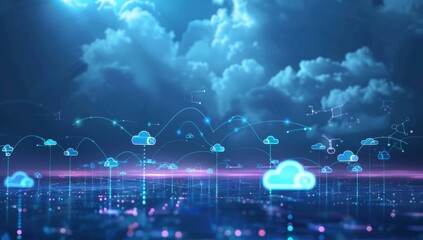 Working Data cloud animation Servers and Supercomputers with Cloud Storage. Internet Artificial intelligence. Technology web background.