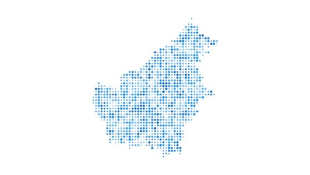 Borneo dotted digital map. Map of Borneo with pulsating colored circles. Shape of the island filled with blue disks. Vibrant video.