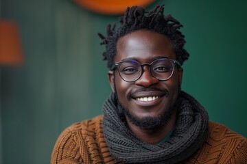 Obraz premium Smiling African Man in Casual Sweater and Glasses on Green Background