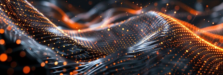 Digital abstract background with dark gray orange colors, featuring a wave pattern glowing dots that resemble light particles. Modernity technology high-tech feel.backdrop data science AI development