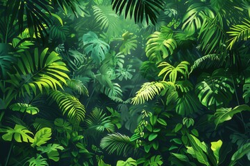 Fototapeta premium A dense, vibrant tropical forest canopy with lush green foliage. Generative AI
