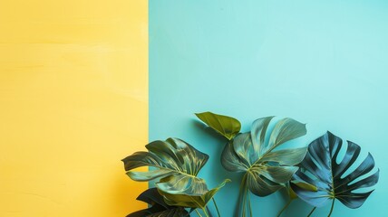 Tropical leaves on two-toned yellow and blue background