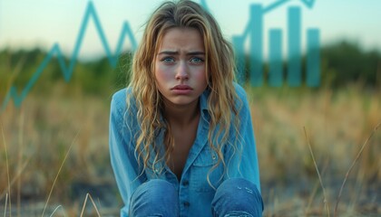 Young woman sitting outdoors with a dreamy expression, superimposed by stock market data graphics suggesting a contemplative financial moment