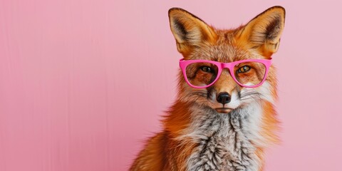 Elegant Fox in Pink Glasses on Pink Background A sophisticated fox sporting fashionable pink glasses against a matching pink background 