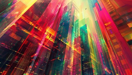 Digital art piece depicting an abstract futuristic cityscape, with vibrant colors and geometric shapes representing skyscrapers, surrounded by light rays and glowing highlights.