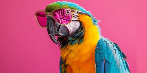Fototapeta premium Trendy Parrot with Pink Glasses on Pink Background A colorful parrot sporting fashionable pink glasses posing on a matching pink background