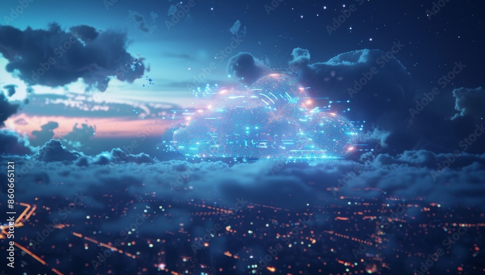 Poster digital cloud with glowing data particles floating in the dark sky, symbolizing advanced technology 