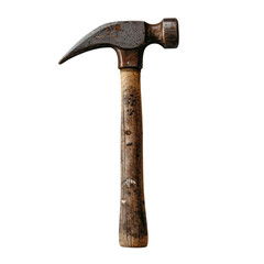 Old wooden-handled hammer with a rusty metal head, perfect for vintage, construction, or tool-themed projects. transparent background