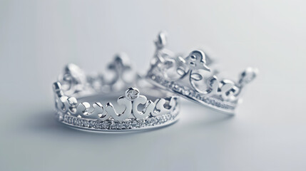 Silver wedding rings with crown shape on gray background Shallow focus : Generative AI