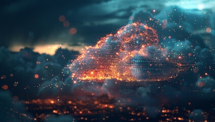 Digital cloud with glowing data particles floating in the dark sky, symbolizing advanced technology and innovation. Digital patterns representing network connections and cyber security.