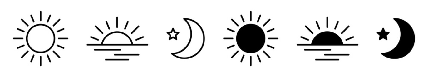 Time of the day signs. Rising and setting sun icon, crescent moon and stars, day and night time symbols. Vector illustration.