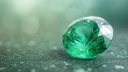 Fototapeta premium Gleaming Emerald Gemstone Resting on Textured Stone Surface with Intricate Facets and Soft Green Bokeh Glow in Background