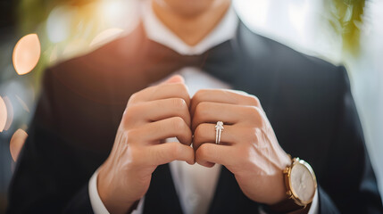 Groom man ring and happy for wedding celebration or commitment to relationship thinking or pride Person metal jewelry and tuxedo suit for marriage smile and hands at event party or rec : Generative AI