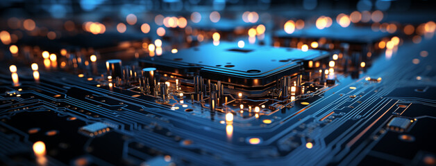 Obraz premium Digital Circuit Board: Blue Traces on Dark Background