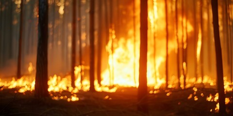 Fototapeta premium Forest ablaze with raging wildfire. Concept Wildfire, Forest, Climate Change, Emergency Response, Environmental Destruction