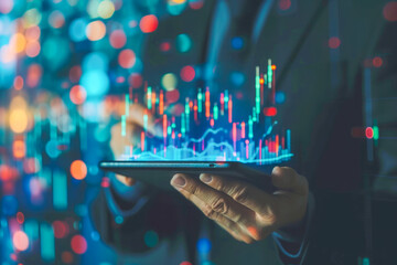 A businessman is analyzing data using a digital tablet displaying glowing graphs