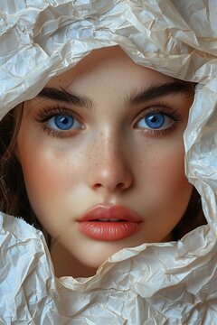woman blue eyes white sheet covering face sparse freckles alluring full makeup frontal portrait delicate big puffy lips beauty filter red dating angel girl upclose