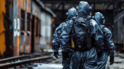 Fototapeta premium A man in a hazmat suit is walking through a field with other people in hazmat suits