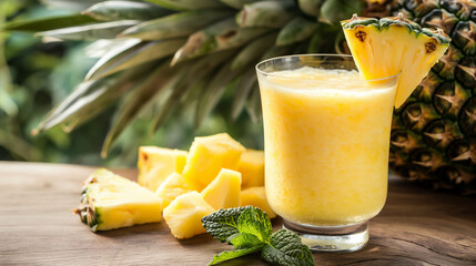 Pineapple, pineapple smoothie in a glass, cozy kitchen nook, bright daylight, refreshing and nutritious atmosphere, fresh pineapple slices and mint leaves as garnish, rustic wooden table