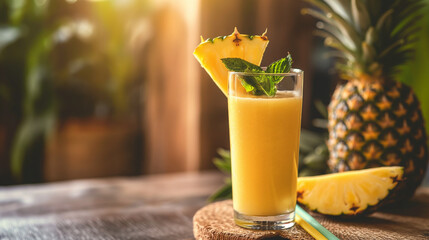 Pineapple, pineapple smoothie in a glass, cozy kitchen nook, bright daylight, refreshing and nutritious atmosphere, fresh pineapple slices and mint leaves as garnish, rustic wooden table