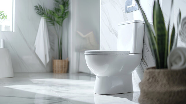 Modern bathroom, close-up of a white toilet, clean and minimalistic design, bright natural daylight, hygienic and fresh atmosphere, tiled floor and wall visible