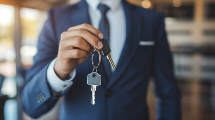 Professional man holding car keys in an office setting  