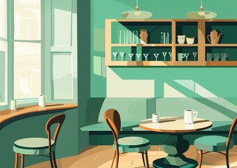 Obraz premium Cozy Cafe Interior with Sunlight - Modern Art Illustration