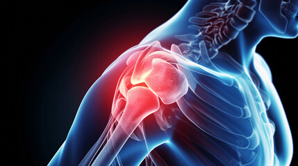 X-ray style illustration of a human shoulder joint in pain. Visualizing shoulder joint inflammation and discomfort.