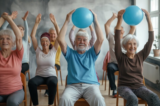 Seniors participating in a seated exercise class with blue exercise balls, smiling and enjoying their workout.