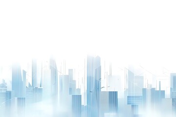 Futuristic City Skyline in Soft Blue Tones with Misty Effects. Minimalist and Abstract Architectural Design of Modern Skyscrapers Blending into a Bright White Background, Representing Urban Developmen