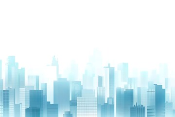 Fototapeta premium Futuristic City Skyline in Soft Blue Tones with Misty Effects. Minimalist and Abstract Architectural Design of Modern Skyscrapers Blending into a Bright White Background, Representing Urban Developmen