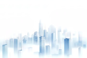 Futuristic City Skyline in Soft Blue Tones with Misty Effects. Minimalist and Abstract Architectural Design of Modern Skyscrapers Blending into a Bright White Background, Representing Urban Developmen