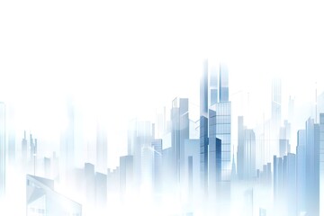 Naklejka premium Futuristic City Skyline in Soft Blue Tones with Misty Effects. Minimalist and Abstract Architectural Design of Modern Skyscrapers Blending into a Bright White Background, Representing Urban Developmen