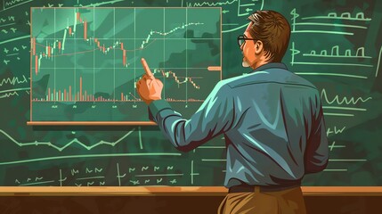 Confident male financial analyst or stockbroker in shirt and glasses points at blackboard with stock market chart and various financial data and graph