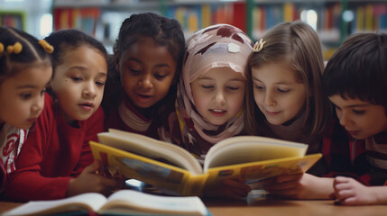 A diverse group of children excitedly reading a book together in a library. Celebrating literacy and learning, children from different backgrounds share the joy of reading