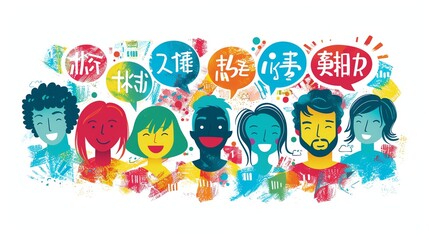 Fototapeta premium A group of diverse people with different skin tones and hair colors are shown with speech bubbles above their heads.